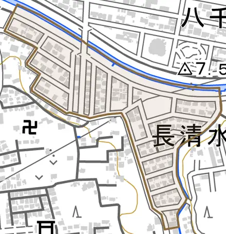 長清水とその周辺の地図。町の範囲を重ねている