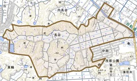 長谷とその周辺の地図。町の範囲を重ねている