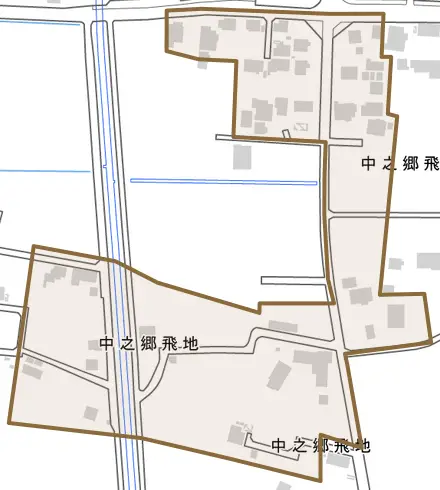 中之郷飛地とその周辺の地図。町の範囲を重ねている