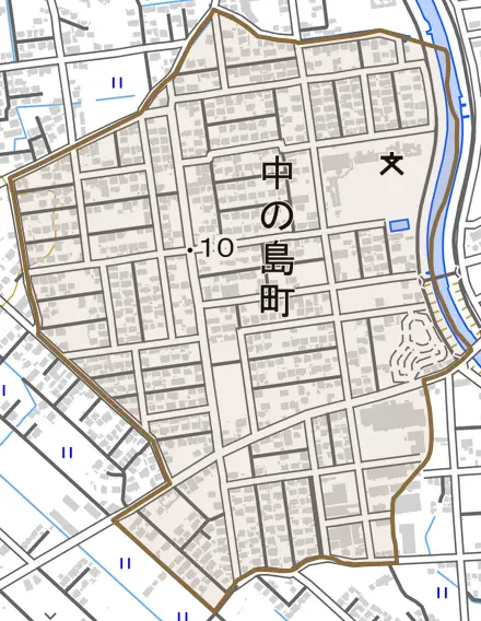 中の島町とその周辺の地図。町の範囲を重ねている