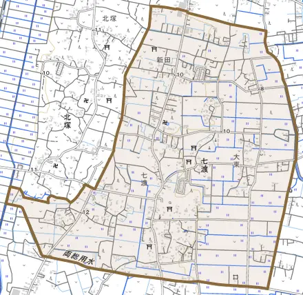 七渡とその周辺の地図。町の範囲を重ねている