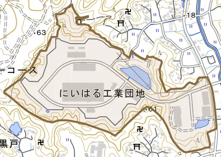 にいはる工業団地とその周辺の地図。町の範囲を重ねている