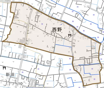 西野とその周辺の地図。町の範囲を重ねている