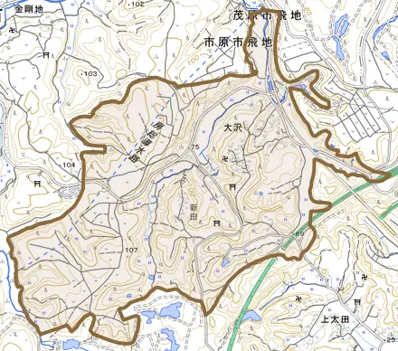大沢とその周辺の地図。町の範囲を重ねている
