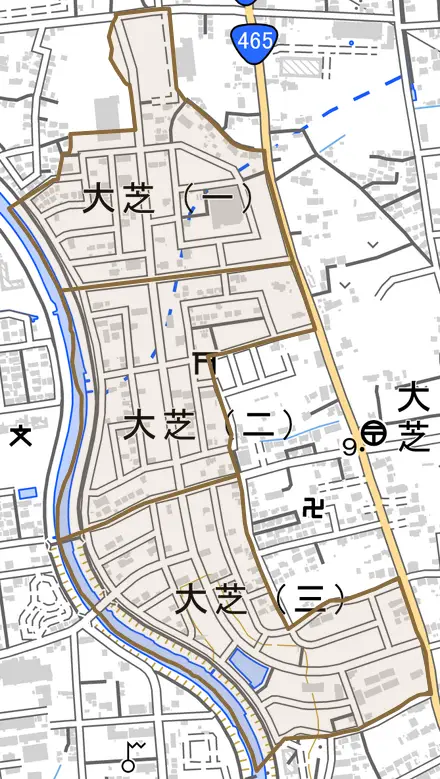 大芝とその周辺の地図。町の範囲を重ねている