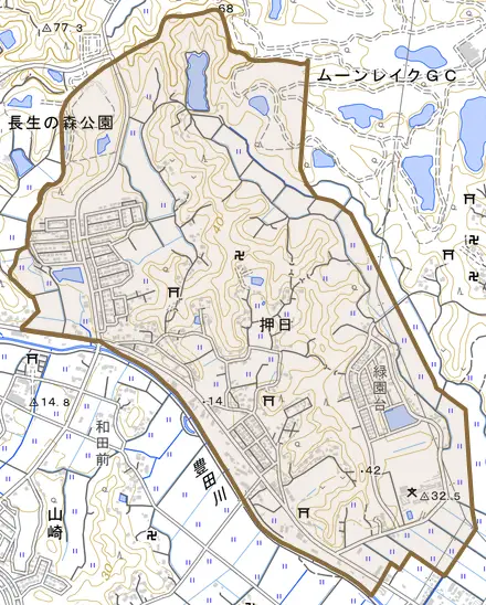 押日とその周辺の地図。町の範囲を重ねている