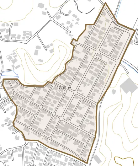 六田台とその周辺の地図。町の範囲を重ねている
