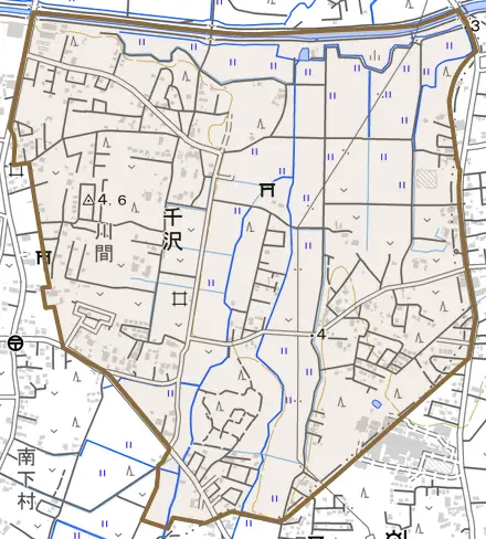 千沢とその周辺の地図。町の範囲を重ねている