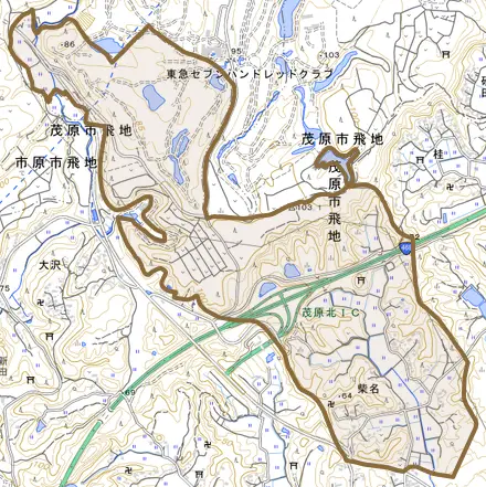 柴名とその周辺の地図。町の範囲を重ねている