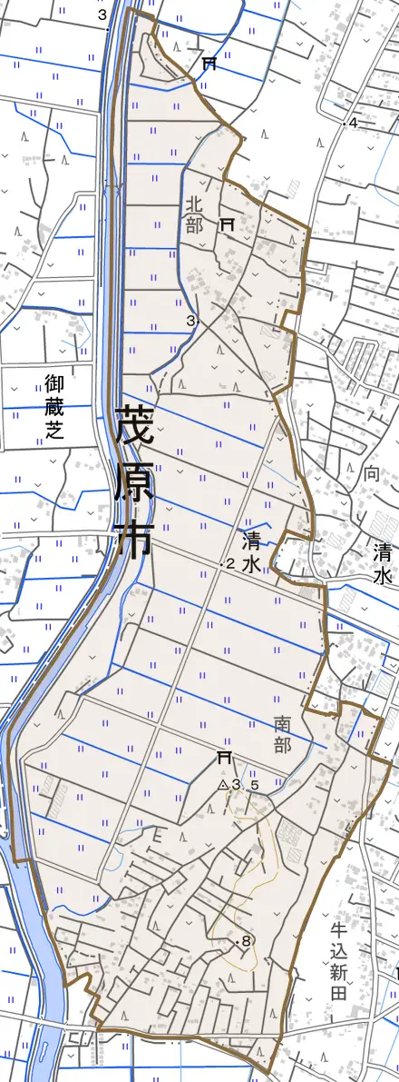 清水とその周辺の地図。町の範囲を重ねている