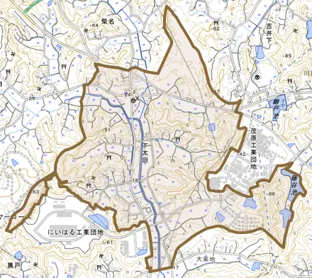 下太田とその周辺の地図。町の範囲を重ねている