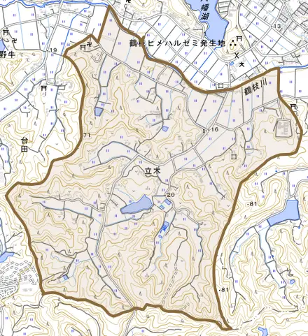 立木とその周辺の地図。町の範囲を重ねている