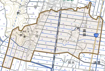 高田とその周辺の地図。町の範囲を重ねている