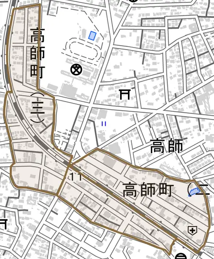 高師町とその周辺の地図。町の範囲を重ねている