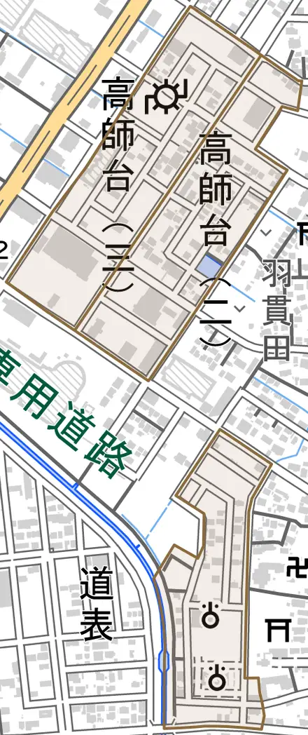 高師台とその周辺の地図。町の範囲を重ねている