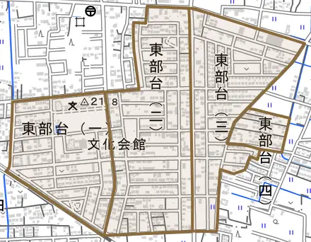 東部台とその周辺の地図。町の範囲を重ねている