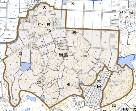 綱島とその周辺の地図。町の範囲を重ねている