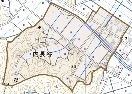 内長谷とその周辺の地図。町の範囲を重ねている