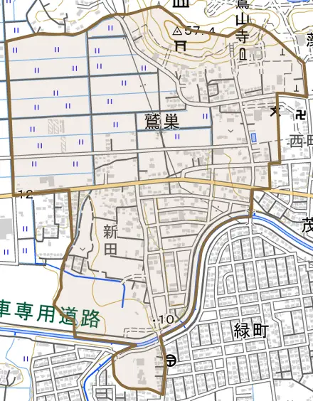 鷲巣とその周辺の地図。町の範囲を重ねている