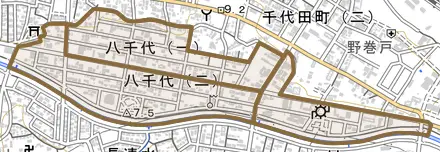 八千代とその周辺の地図。町の範囲を重ねている