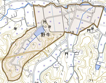 野牛とその周辺の地図。町の範囲を重ねている