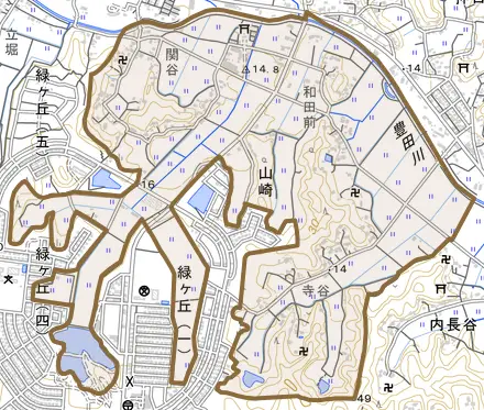 山崎とその周辺の地図。町の範囲を重ねている