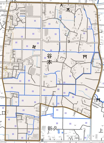 谷本とその周辺の地図。町の範囲を重ねている