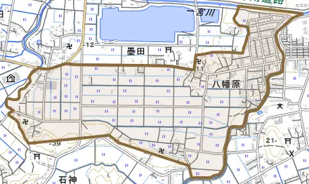 八幡原とその周辺の地図。町の範囲を重ねている