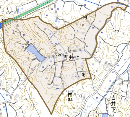 吉井上とその周辺の地図。町の範囲を重ねている