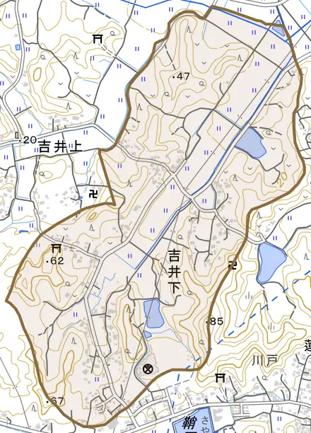 吉井下とその周辺の地図。町の範囲を重ねている