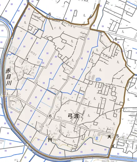 弓渡とその周辺の地図。町の範囲を重ねている