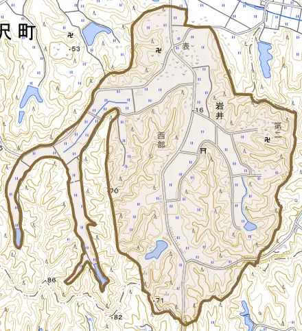 岩井とその周辺の地図。町の範囲を重ねている
