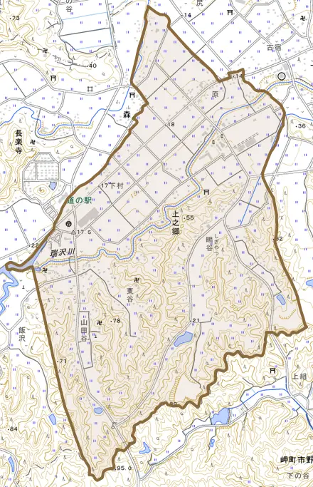 上之郷とその周辺の地図。町の範囲を重ねている