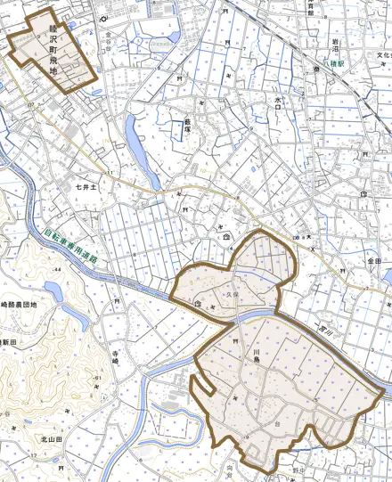 川島とその周辺の地図。町の範囲を重ねている
