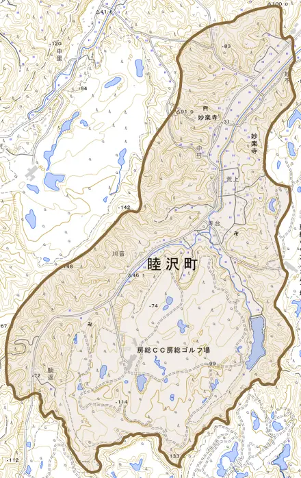 妙楽寺とその周辺の地図。町の範囲を重ねている