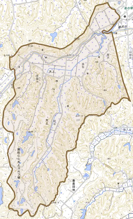 大上とその周辺の地図。町の範囲を重ねている