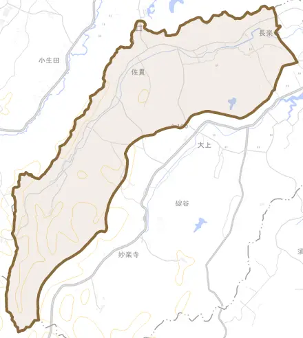 佐貫とその周辺の地図。町の範囲を重ねている