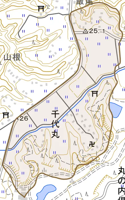 千代丸とその周辺の地図。町の範囲を重ねている