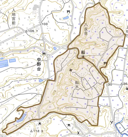 船木とその周辺の地図。町の範囲を重ねている