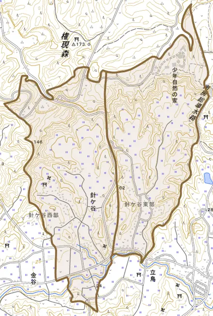 針ケ谷とその周辺の地図。町の範囲を重ねている