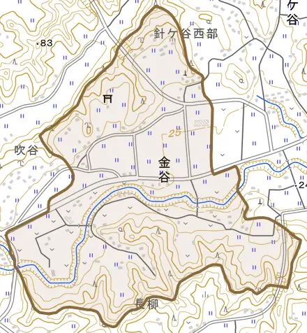 金谷とその周辺の地図。町の範囲を重ねている