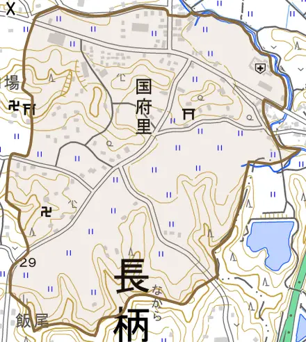 国府里とその周辺の地図。町の範囲を重ねている