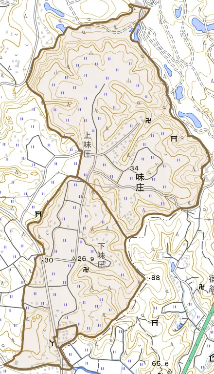 味庄とその周辺の地図。町の範囲を重ねている