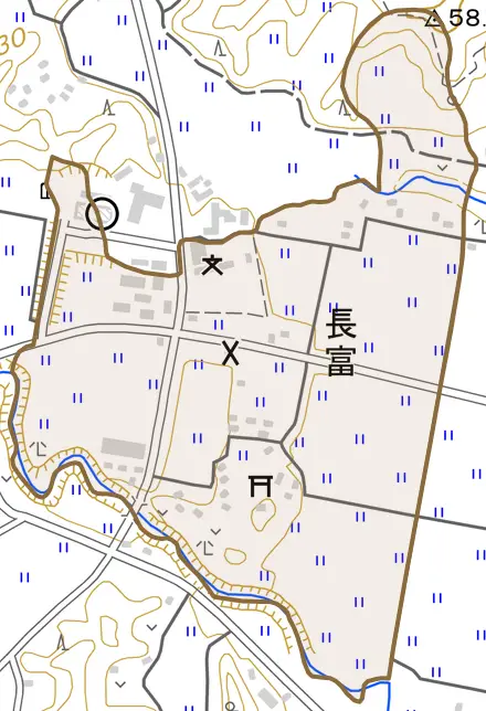 長富とその周辺の地図。町の範囲を重ねている