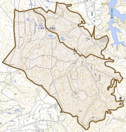 長柄山とその周辺の地図。町の範囲を重ねている