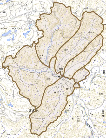 刑部とその周辺の地図。町の範囲を重ねている