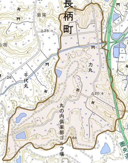力丸とその周辺の地図。町の範囲を重ねている