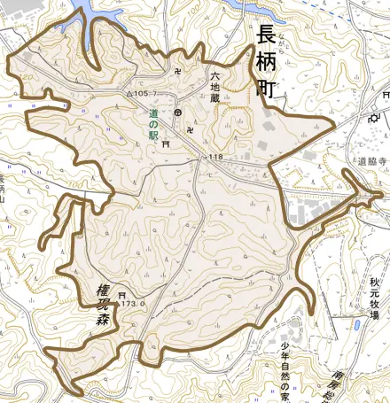 六地蔵とその周辺の地図。町の範囲を重ねている