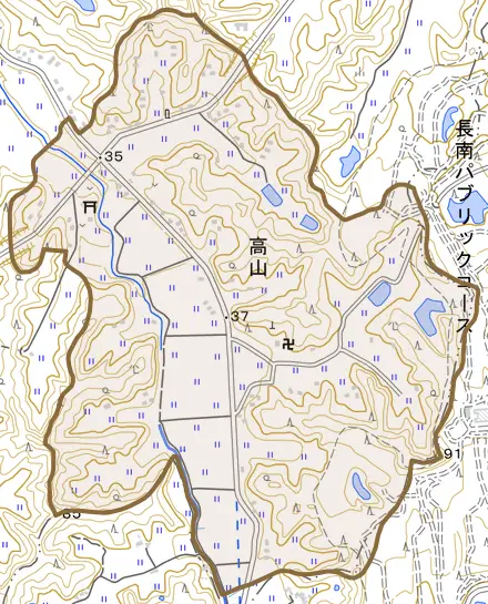 高山とその周辺の地図。町の範囲を重ねている