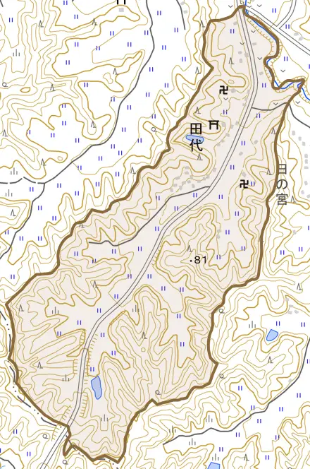 田代とその周辺の地図。町の範囲を重ねている